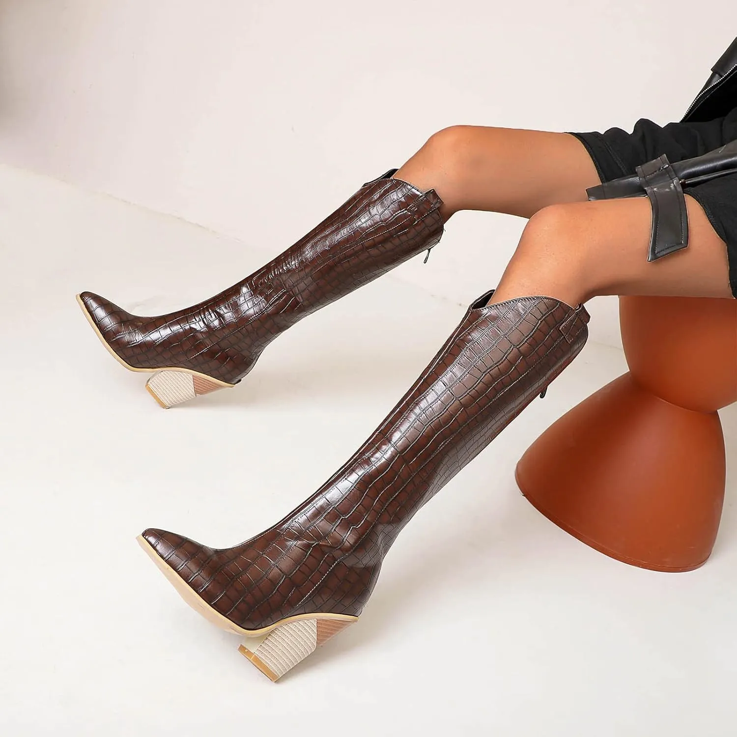Chunky Heel Boots for Women - Fashion Snake Print Pointed Toe Back Zipper Thick High Heel Knee High Boots Comfortable Casual High Top shoes