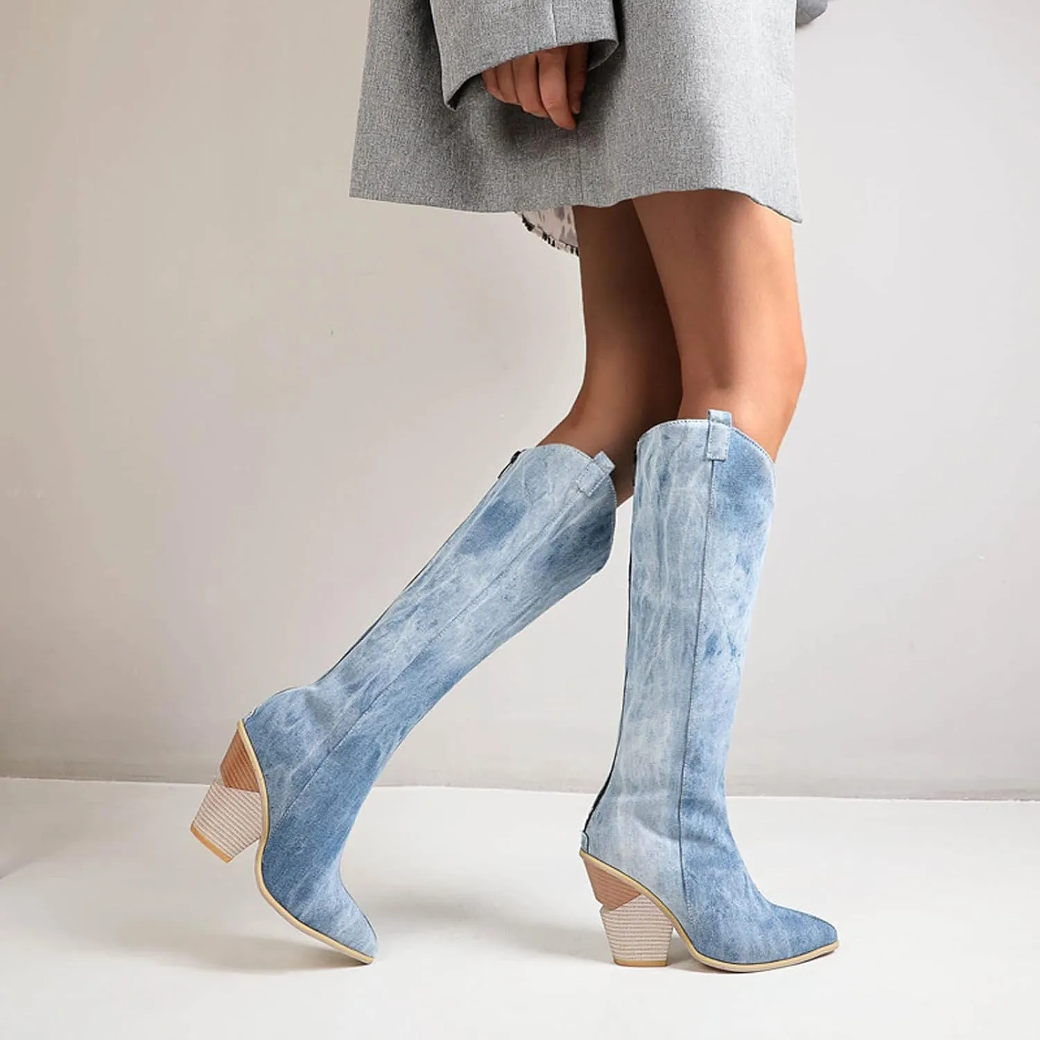 Chunky Heel Boots for Women - Fashion Snake Print Pointed Toe Back Zipper Thick High Heel Knee High Boots Comfortable Casual High Top shoes