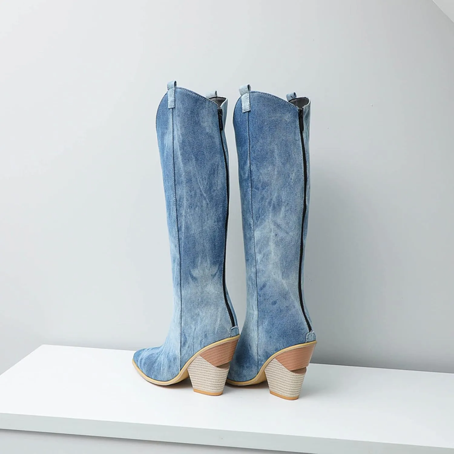 Chunky Heel Boots for Women - Fashion Snake Print Pointed Toe Back Zipper Thick High Heel Knee High Boots Comfortable Casual High Top shoes