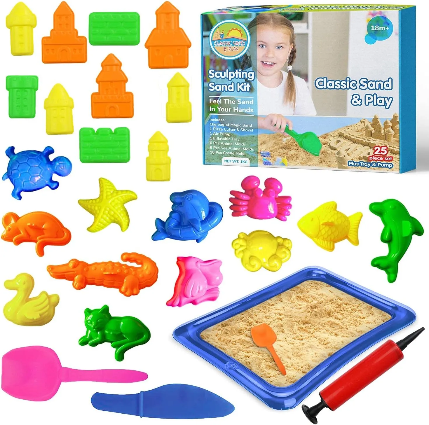 CLASSIC SAND & PLAY Sculpting Play Sand for Kids, 25 Pc Kit, Natural Colored Sand with Plastic Beach Toys, Castle and Sea Animal Molds, Shovel, Inflatable Tray, and Air Pump, Interactive Sensory Fun