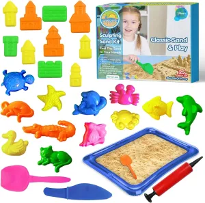 CLASSIC SAND & PLAY Sculpting Play Sand for Kids, 25 Pc Kit, Natural Colored Sand with Plastic Beach Toys, Castle and Sea Animal Molds, Shovel, Inflatable Tray, and Air Pump, Interactive Sensory Fun