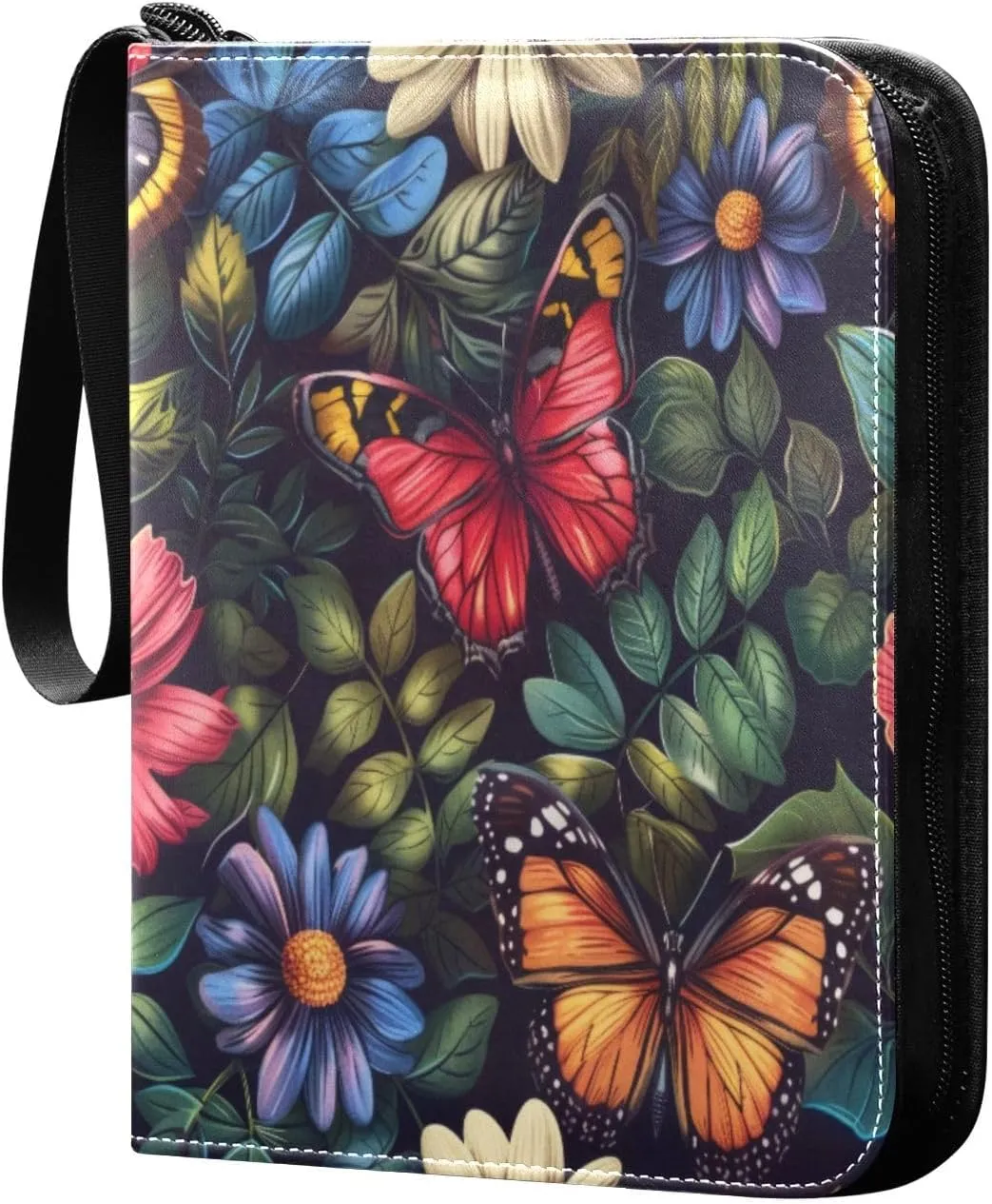Colorful Butterflies Flowers Card Binder 4-Pocket, 400 Pockets PU Waterproof Zippered Collector Card Album with 50 Removable Sleeves for Trading, Game Cards