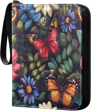 Colorful Butterflies Flowers Card Binder 4-Pocket, 400 Pockets PU Waterproof Zippered Collector Card Album with 50 Removable Sleeves for Trading, Game Cards