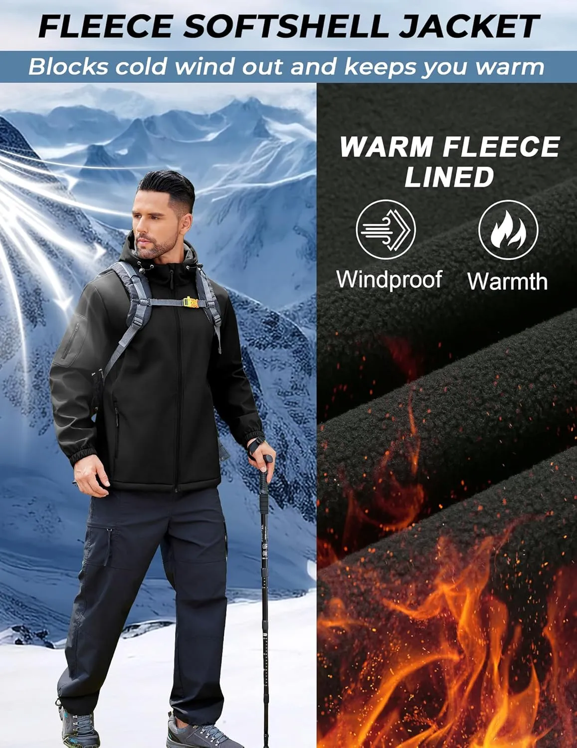 COOFANDY Men's Hooded Softshell Jacket Waterproof Fleece Lined Windbreaker Lightweight Outdoor Hiking Jacket