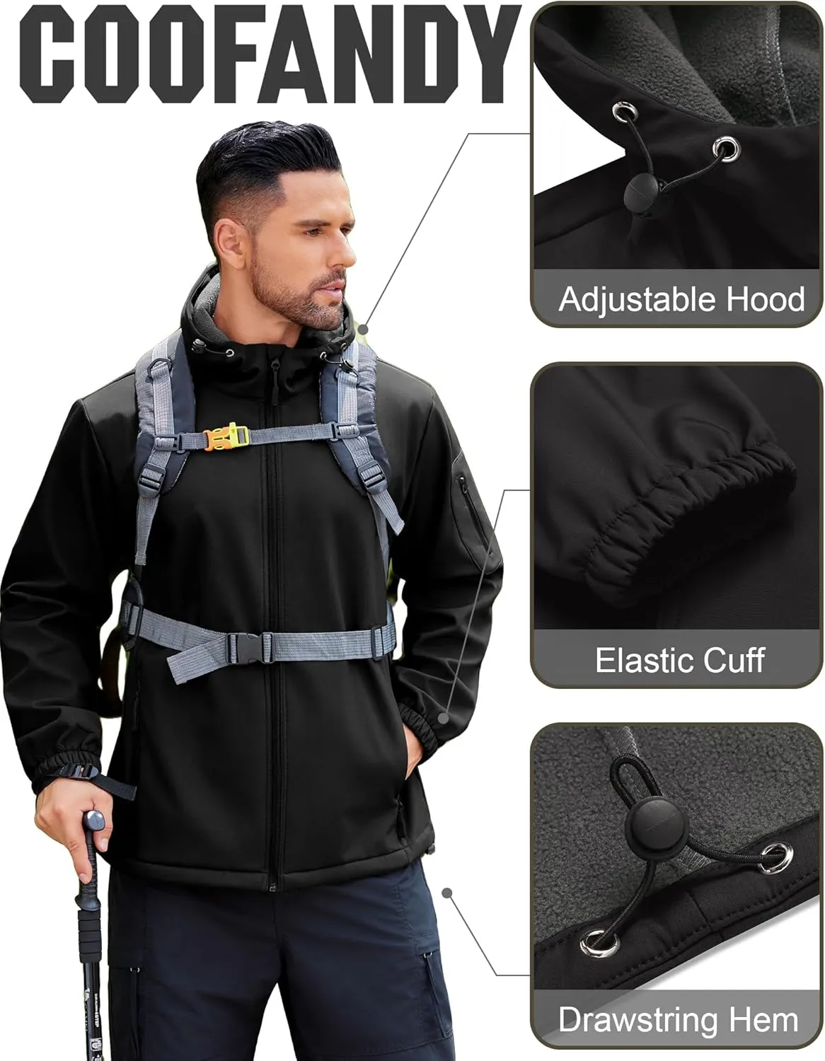COOFANDY Men's Hooded Softshell Jacket Waterproof Fleece Lined Windbreaker Lightweight Outdoor Hiking Jacket