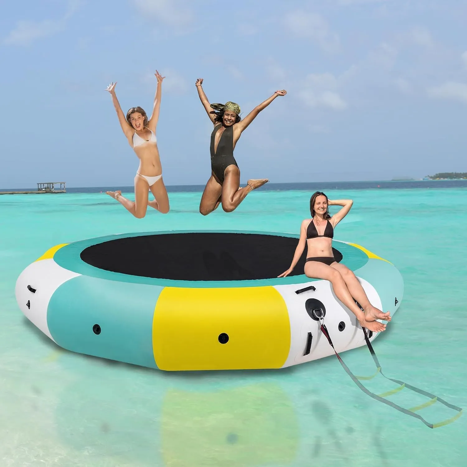 COOLWAVE Inflatable Water Trampoline for Lake, Floating Water Trampoline for Adults with 4-Step Rope Ladder and Mooring Ropes (Yellow-Green, 12FT)