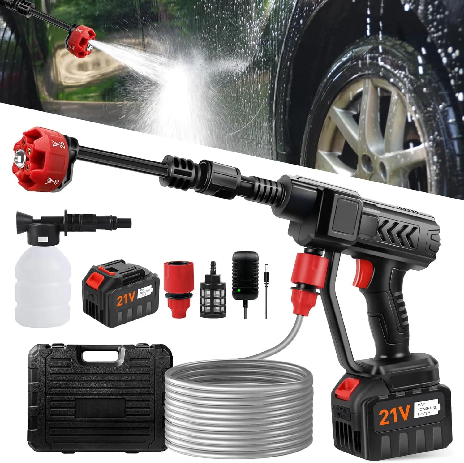 Cordless Pressure Washer Gun, 18000mAh Battery Power Washer, 500PSI High Pressure Cordless Power Washer, Portable Pressure Washer with 6-in-1 Nozzle, Handheld Power Washer for Car, Garden-Red