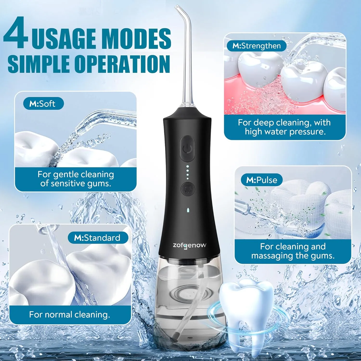 Cordless Water Dental Flosser for Teeth, 300ml Rechargeable Oral Irrigator Cleaning, 4 Modes & 6 Jet Tips, IPX7 Waterproof, Portable Dental Flosser for Braces & Travel, Black