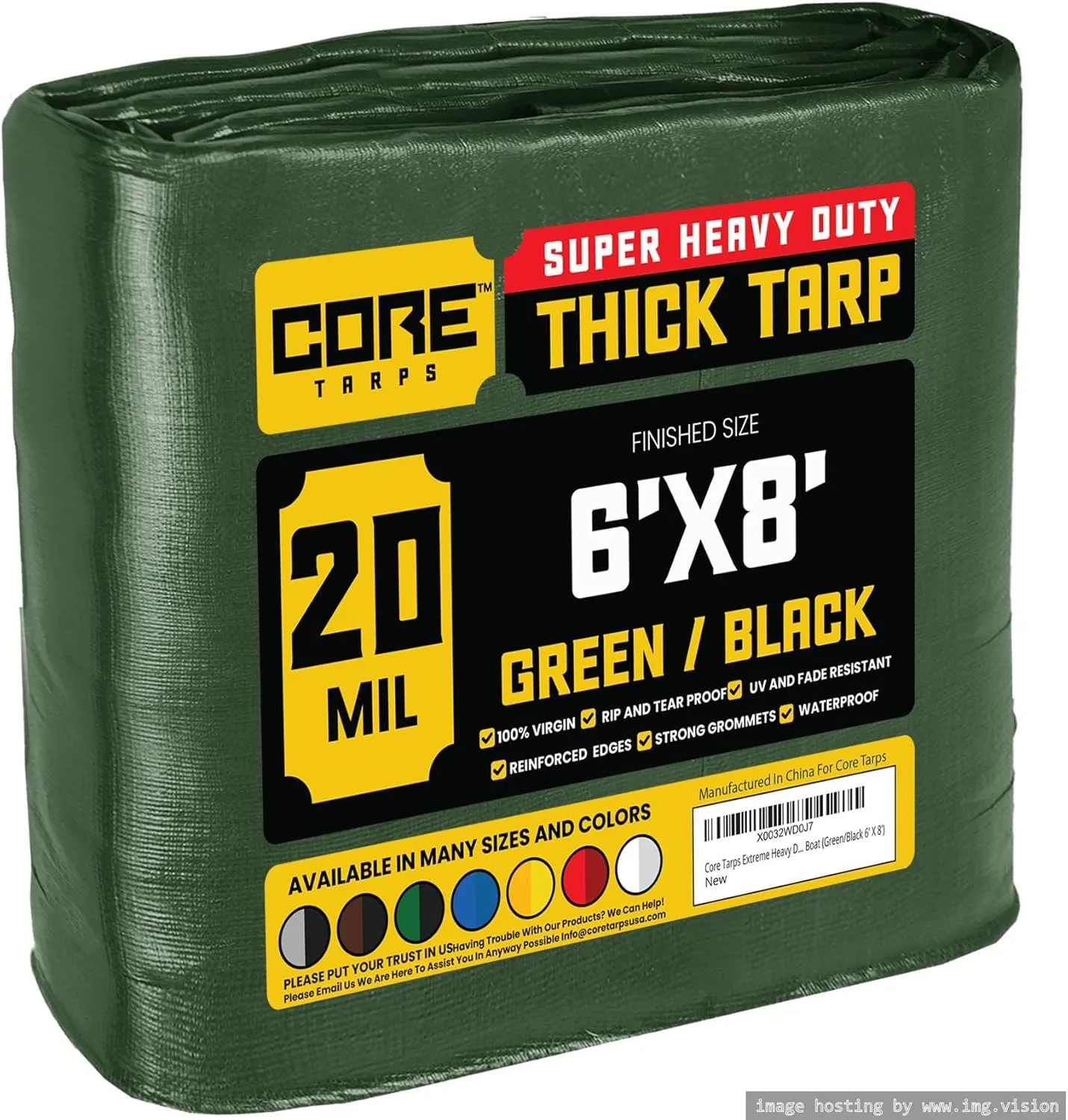 Core Tarps Extreme Heavy Duty 20 Mil Tarp Cover, Waterproof, UV Resistant, Rip and Tear Proof, Poly Tarpaulin with Reinforced Edges for Roof, Camping, Patio, Pool, Boat (Green/Black 6′ X 8′)