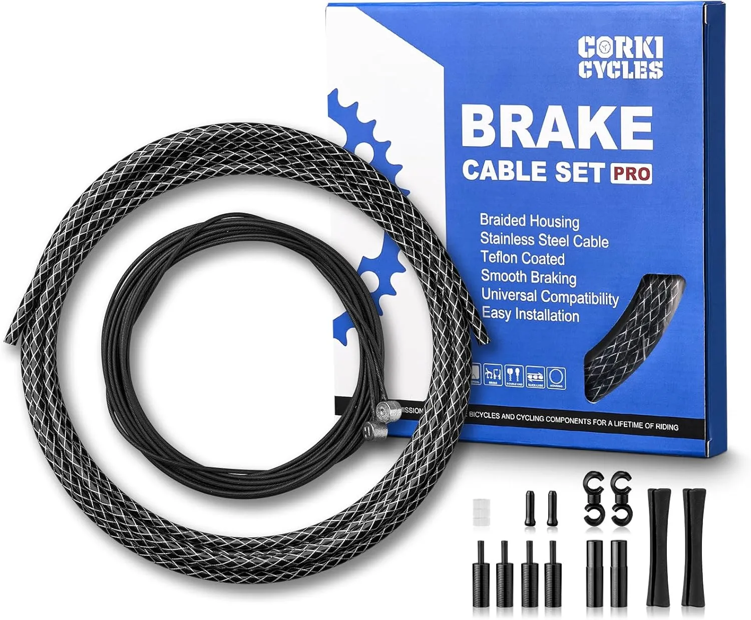 Corki Cycles Bike Brake Cable Set Pro - Upgraded Universal Mountain Bike Brake Cable Kit with Teflon-Coated Inner Lines