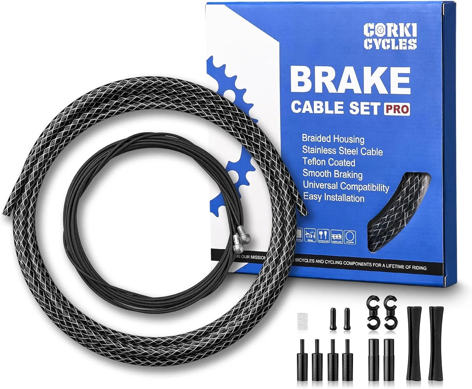 Corki Cycles Bike Brake Cable Set Pro - Upgraded Universal Road Bike Brake Cable Kit with Teflon-Coated Inner Lines