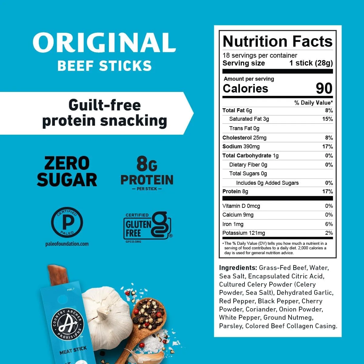 Country Archer Beef Jerky Sticks - Grass Fed Beef Sticks Individually Wrapped, Beef Sticks Bulk, Beef Jerky Snack Packs, Gluten Free, Paleo, Keto - 1 oz Meat Sticks (Pack of 36)