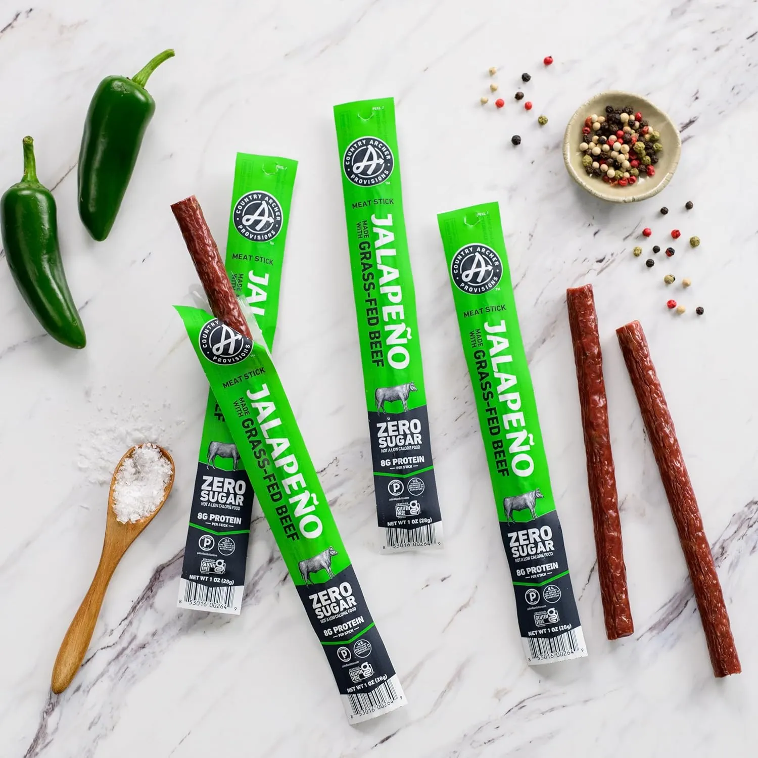 Country Archer Beef Jerky Sticks Jalapeno - Grass Fed Beef Sticks Individually Wrapped, Beef Sticks Bulk, Beef Jerky Snack Packs, Gluten Free, Paleo, Keto, Sugar Free - 1 oz Meat Sticks (Pack of 36)