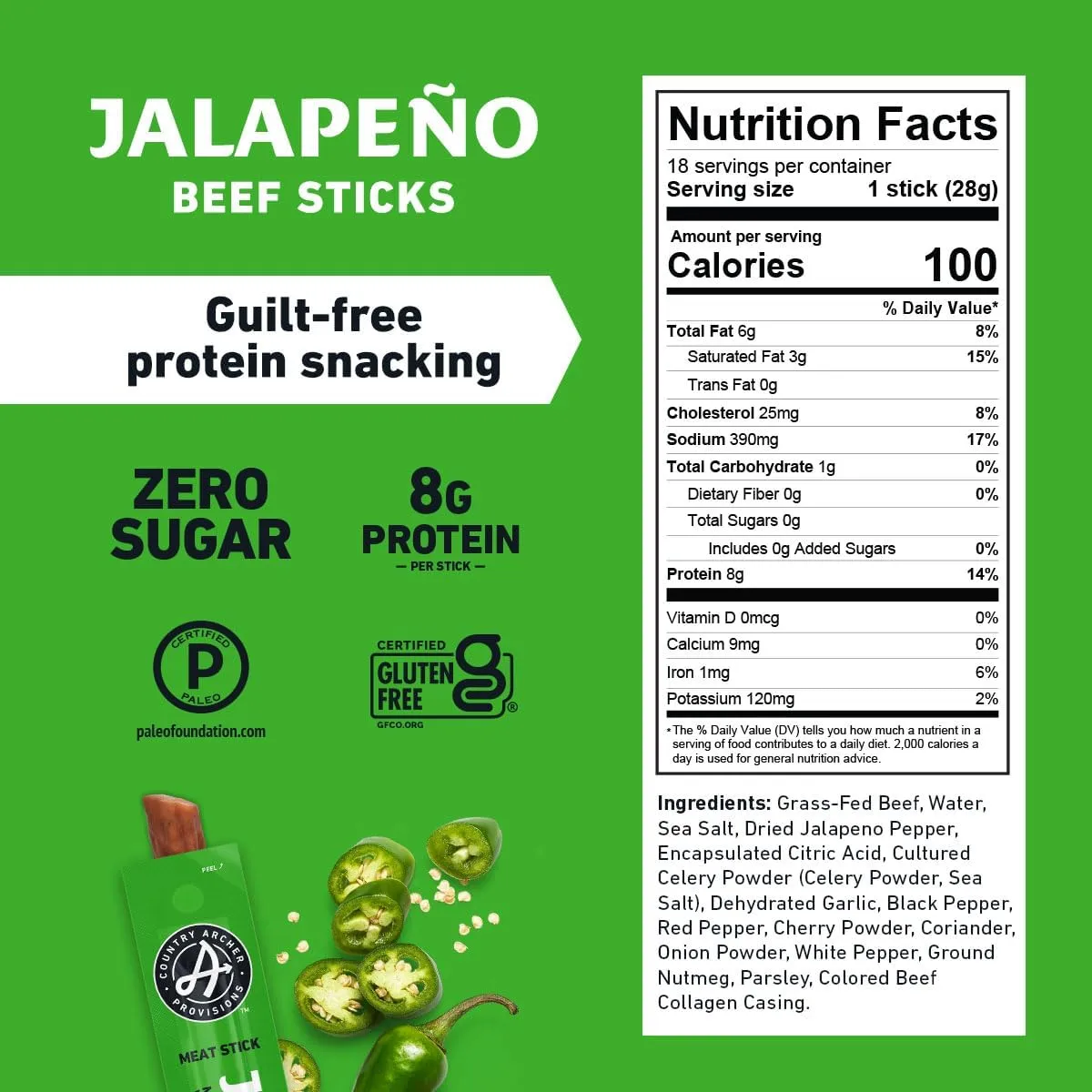 Country Archer Beef Jerky Sticks Jalapeno - Grass Fed Beef Sticks Individually Wrapped, Beef Sticks Bulk, Beef Jerky Snack Packs, Gluten Free, Paleo, Keto, Sugar Free - 1 oz Meat Sticks (Pack of 36)