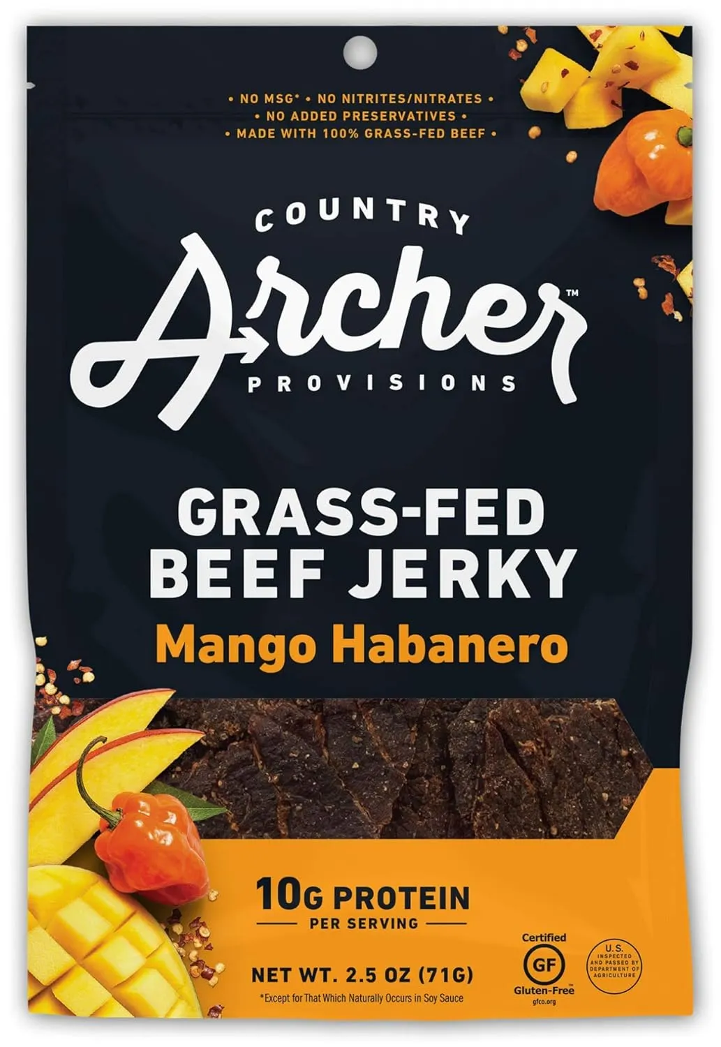 Country Archer Grass-Fed Beef Jerky - Beef Jerky Snack Pack, Beef Jerky Bulk, Individual Beef Jerky Pack, Protein Snack, Country Archer Beef Jerky, Gluten Free, Paleo - Mango Habanero, 2.5 oz (4 Pack)