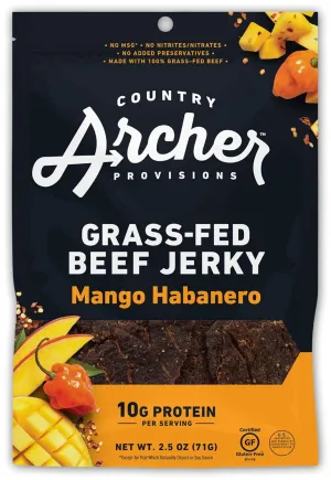 Country Archer Grass-Fed Beef Jerky - Beef Jerky Snack Pack, Beef Jerky Bulk, Individual Beef Jerky Pack, Protein Snack, Country Archer Beef Jerky, Gluten Free, Paleo - Mango Habanero, 2.5 oz (4 Pack)