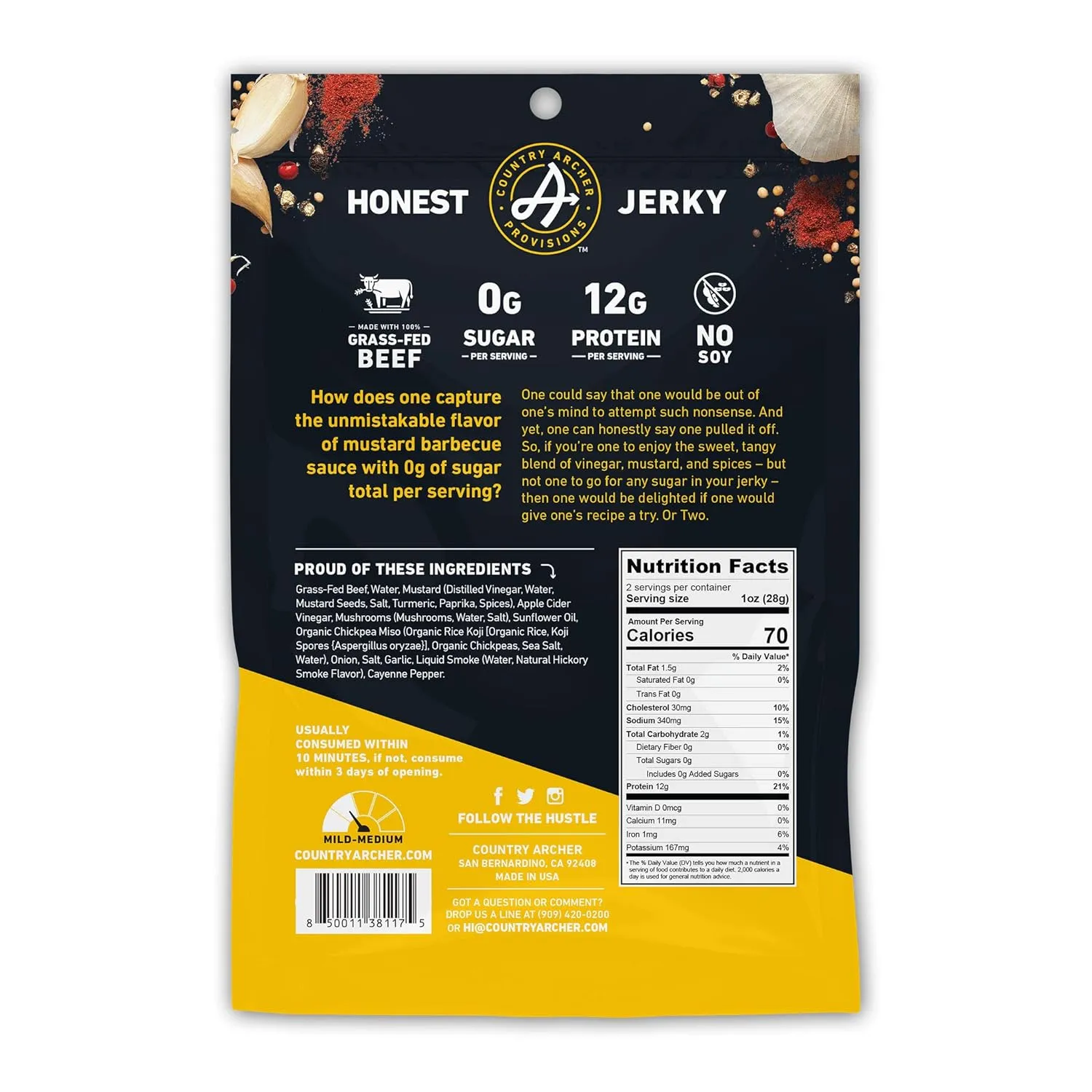 Country Archer Grass Fed Beef Jerky Mustard BBQ - Zero Sugar Beef Jerky, Sugar Free Beef Jerky Snack Pack, Mustard BBQ Beef Jerky Bulk, Individual Beef Jerky Pack, Gluten Free, Paleo- 2 oz (Pack of 6)