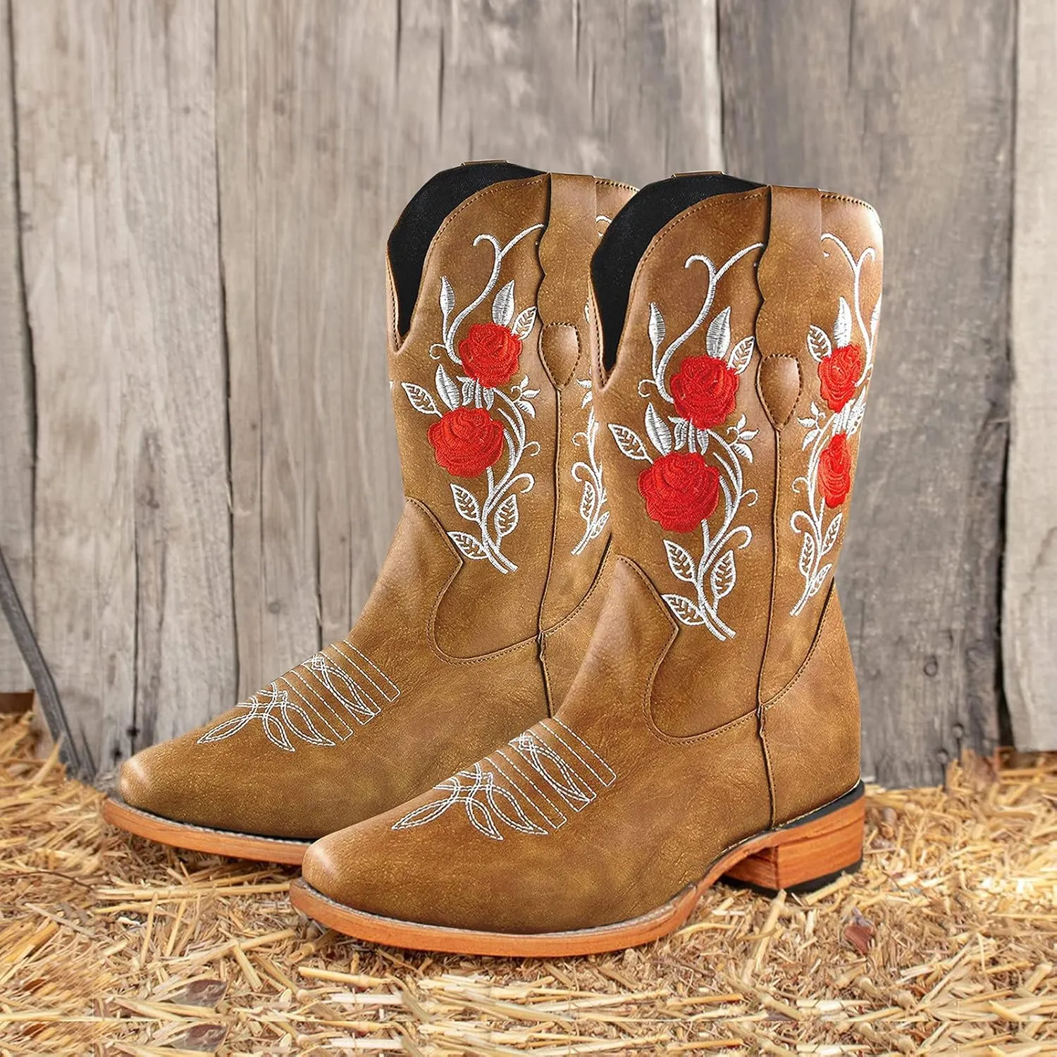Cowboy Boots for Women Retro Country Embroidery Stitched Cowgirl Boots Pull on Vintage Wide Calf Cowboy Boots Women