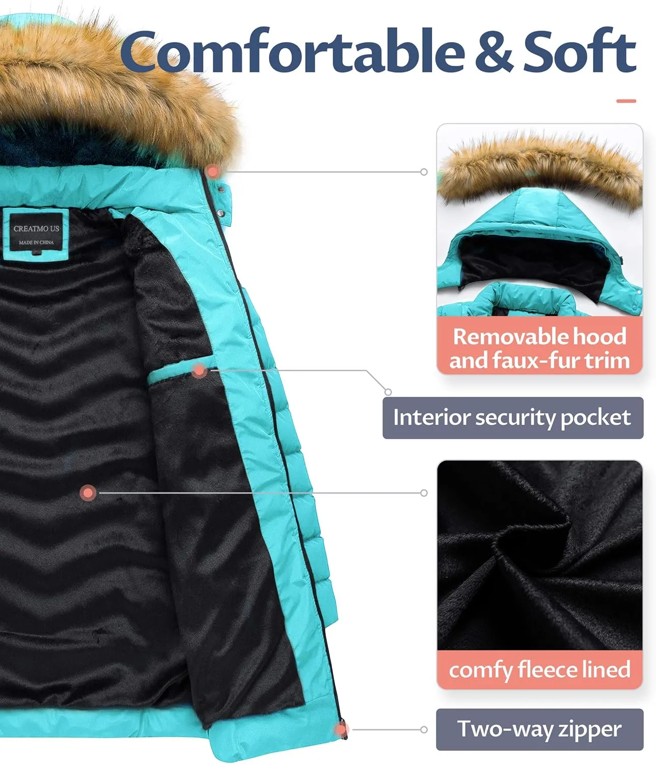CREATMO US Women's Winter Hooded Coat Waterproof Warm Long Puffer Jacket Parka