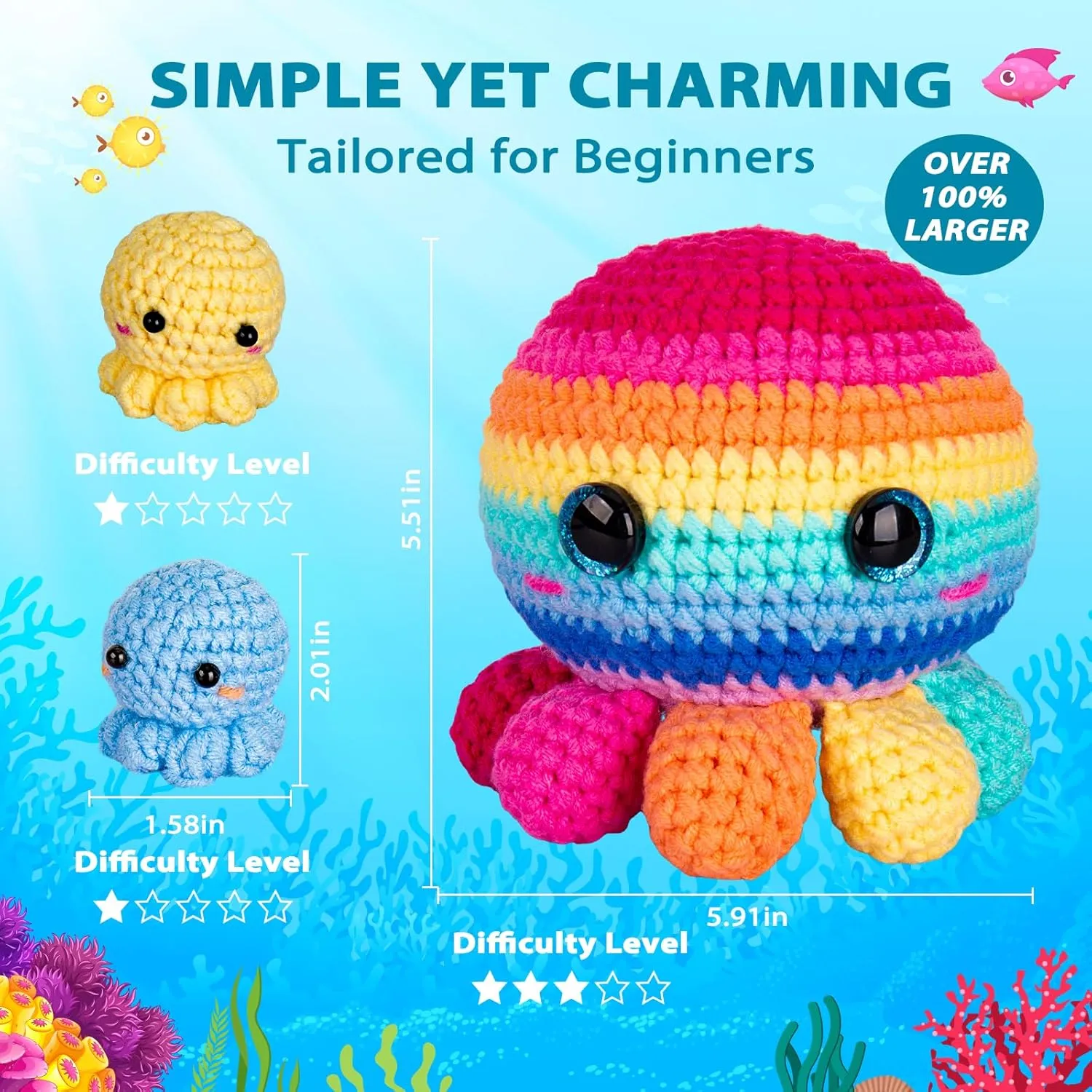 Crochetta Crochet Kit for Beginners, Crochet Kit Step-by-Step Video Tutorials, Crochet Starter Kit Learn to Crochet Kits for Adults Kids Beginners, Jumbo 3 Colorful Octopus Familly (40%  Yarn Content)
