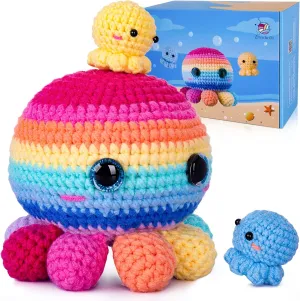 Crochetta Crochet Kit for Beginners, Crochet Kit Step-by-Step Video Tutorials, Crochet Starter Kit Learn to Crochet Kits for Adults Kids Beginners, Jumbo 3 Colorful Octopus Familly (40%  Yarn Content)