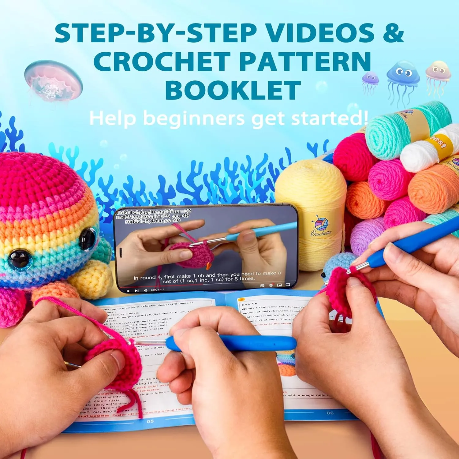Crochetta Crochet Kit for Beginners, Crochet Kit Step-by-Step Video Tutorials, Crochet Starter Kit Learn to Crochet Kits for Adults Kids Beginners, Jumbo 3 Colorful Octopus Familly (40%  Yarn Content)