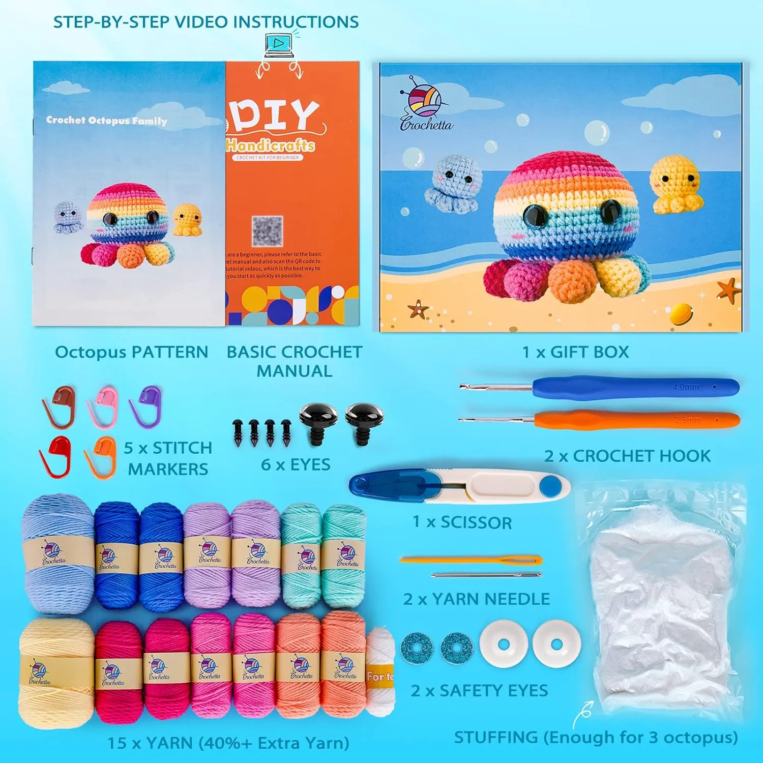 Crochetta Crochet Kit for Beginners, Crochet Kit Step-by-Step Video Tutorials, Crochet Starter Kit Learn to Crochet Kits for Adults Kids Beginners, Jumbo 3 Colorful Octopus Familly (40%  Yarn Content)