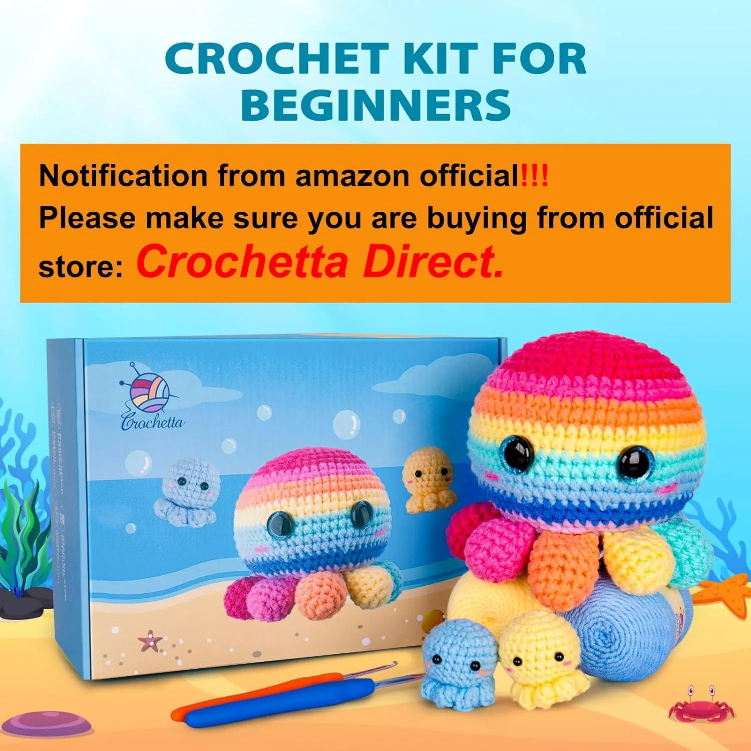 Crochetta Crochet Kit for Beginners, Crochet Kit Step-by-Step Video Tutorials, Crochet Starter Kit Learn to Crochet Kits for Adults Kids Beginners, Jumbo 3 Colorful Octopus Familly (40%  Yarn Content)