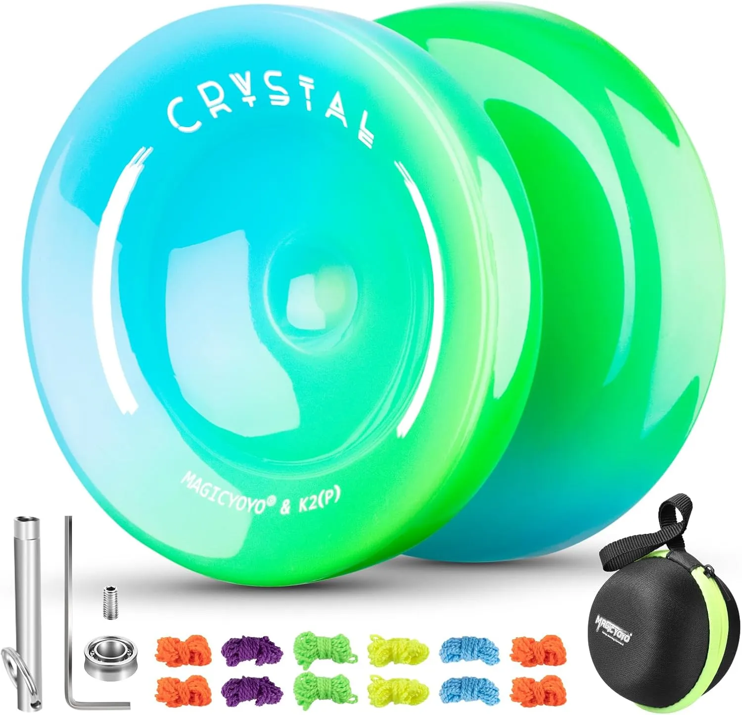 Crystal Yoyo K2 Responsive Yoyo for Kids, Professional Unresponsive Yo yo for Advanced, Yo-Yos for Adults and Beginners with Yo Yo 12 Strings   Case Bag  Accessories Kit (Blue Green)