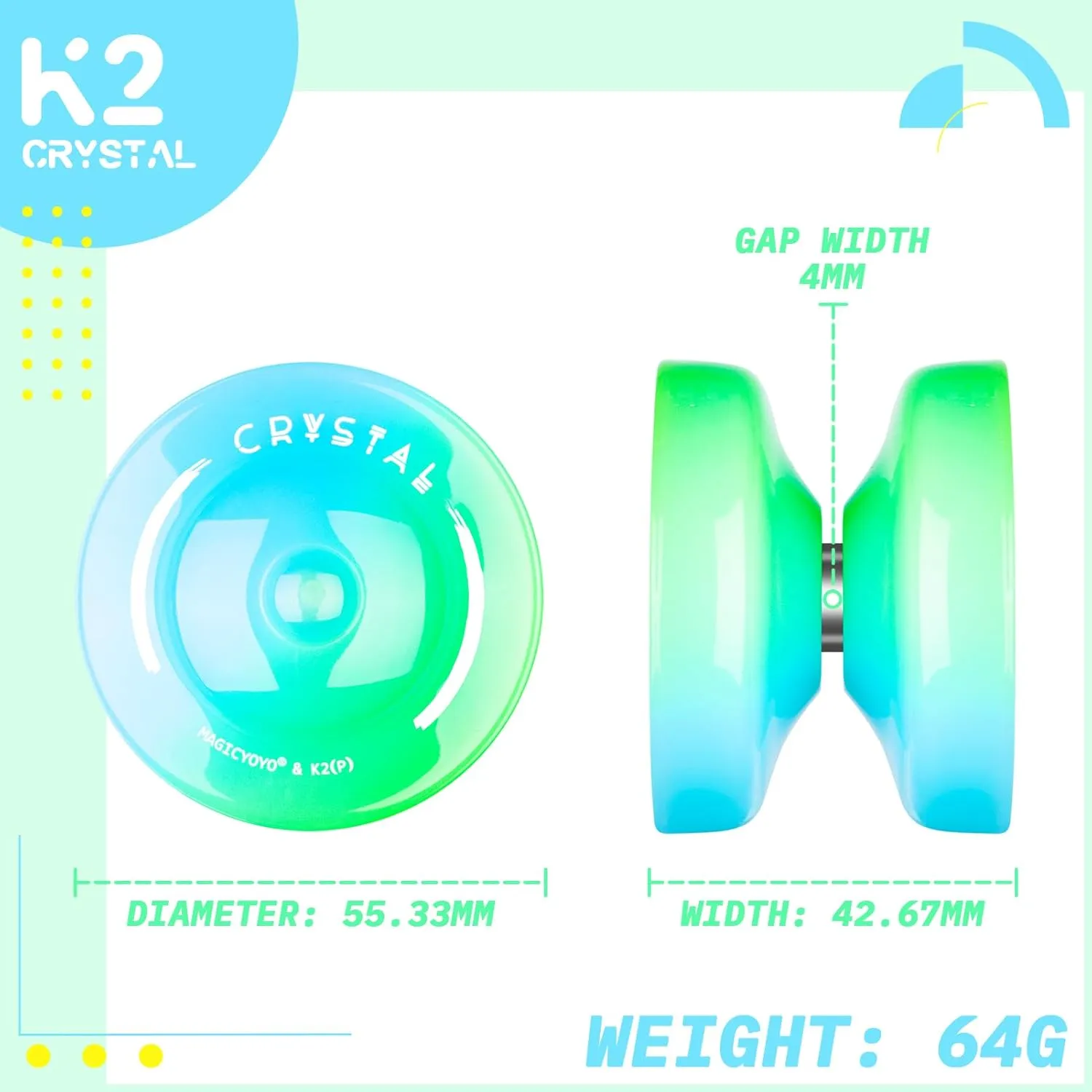 Crystal Yoyo K2 Responsive Yoyo for Kids, Professional Unresponsive Yo yo for Advanced, Yo-Yos for Adults and Beginners with Yo Yo 12 Strings   Case Bag  Accessories Kit (Blue Green)