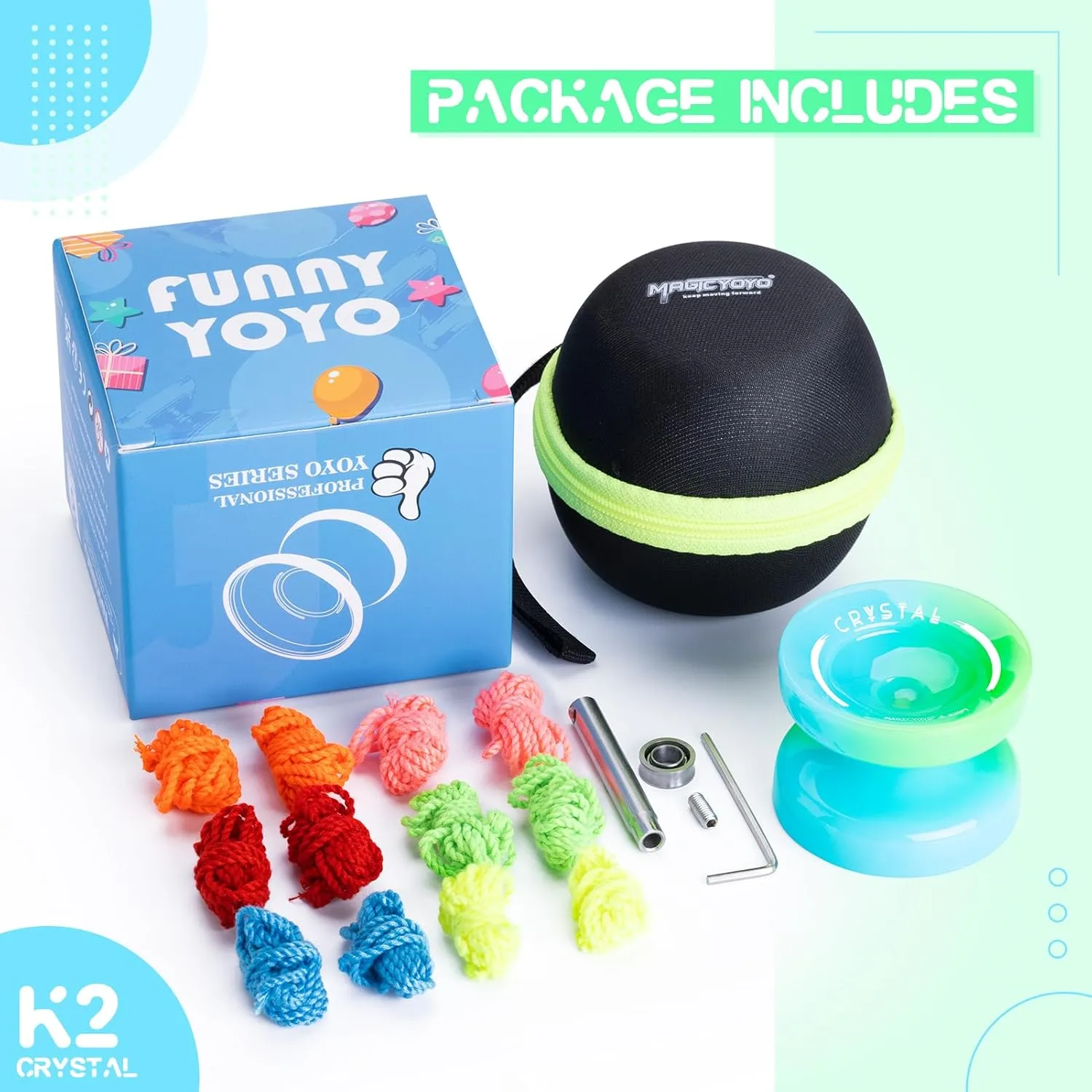 Crystal Yoyo K2 Responsive Yoyo for Kids, Professional Unresponsive Yo yo for Advanced, Yo-Yos for Adults and Beginners with Yo Yo 12 Strings   Case Bag  Accessories Kit (Blue Green)