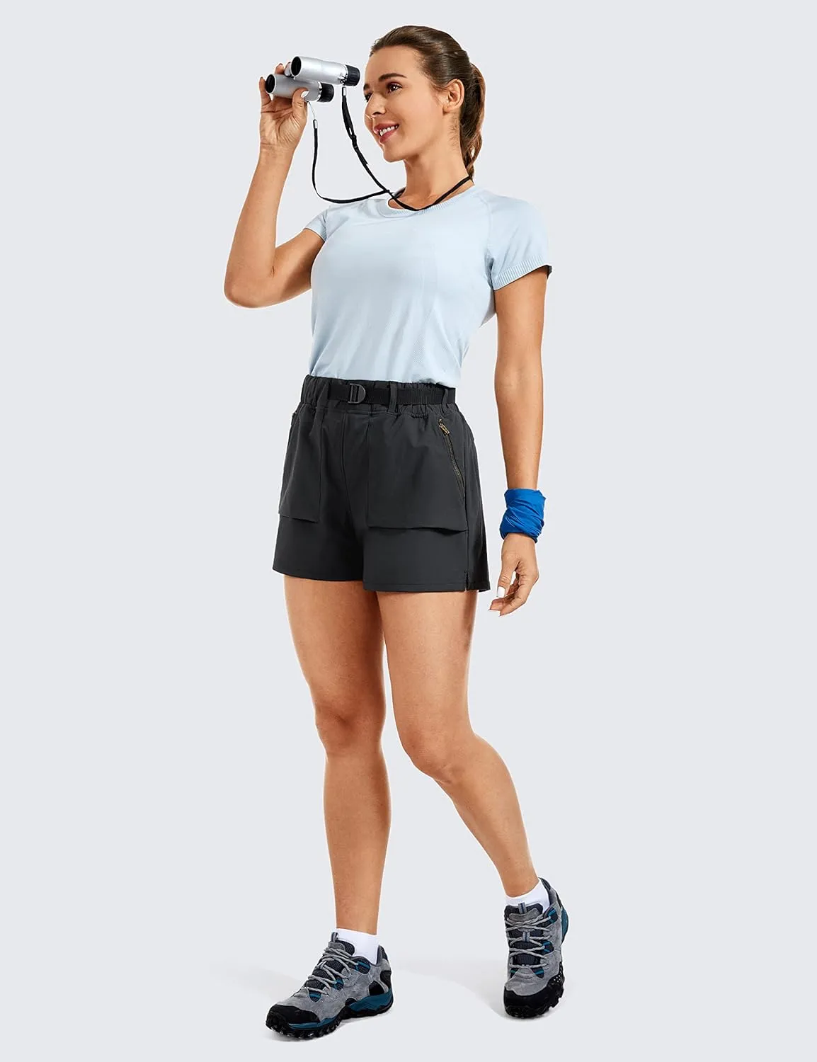 CRZ YOGA Women's Waterproof Stretch Hiking Shorts Mid Rise Summer for Outdoor Golf Workout with Zip Pockets Belt - 3''