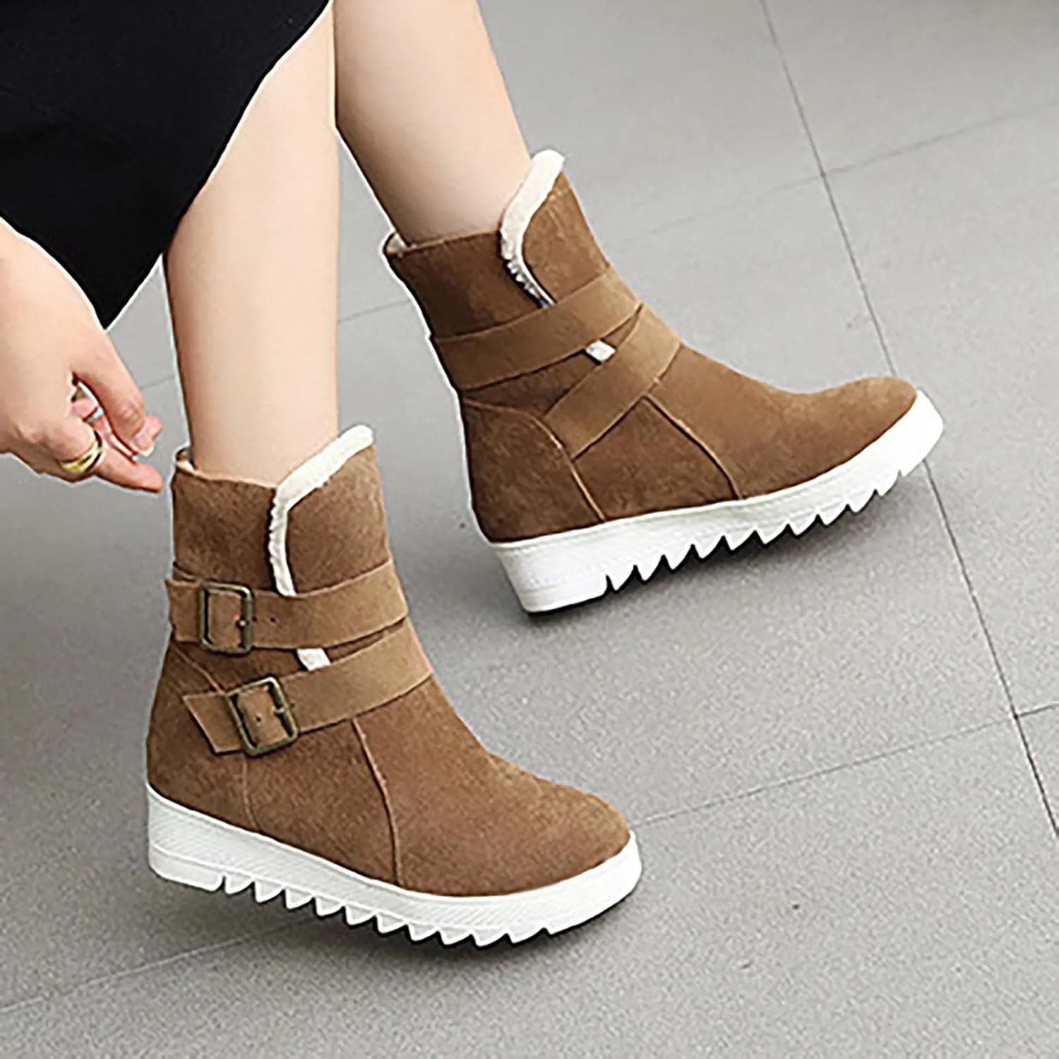 Crzidha Snow Boots for Women,Warm Fleece Plush Lining Buckle Strap Ankle Boots Non-Slip Rubber Lug Sole Winter Snow Walking Flat Shoes Classic Vintage Round Toe Suede High Top Snow Boots