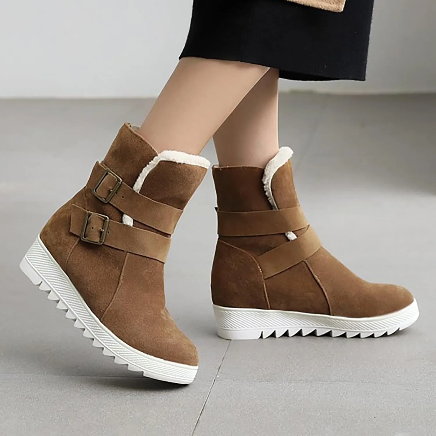 Crzidha Snow Boots for Women,Warm Fleece Plush Lining Buckle Strap Ankle Boots Non-Slip Rubber Lug Sole Winter Snow Walking Flat Shoes Classic Vintage Round Toe Suede High Top Snow Boots