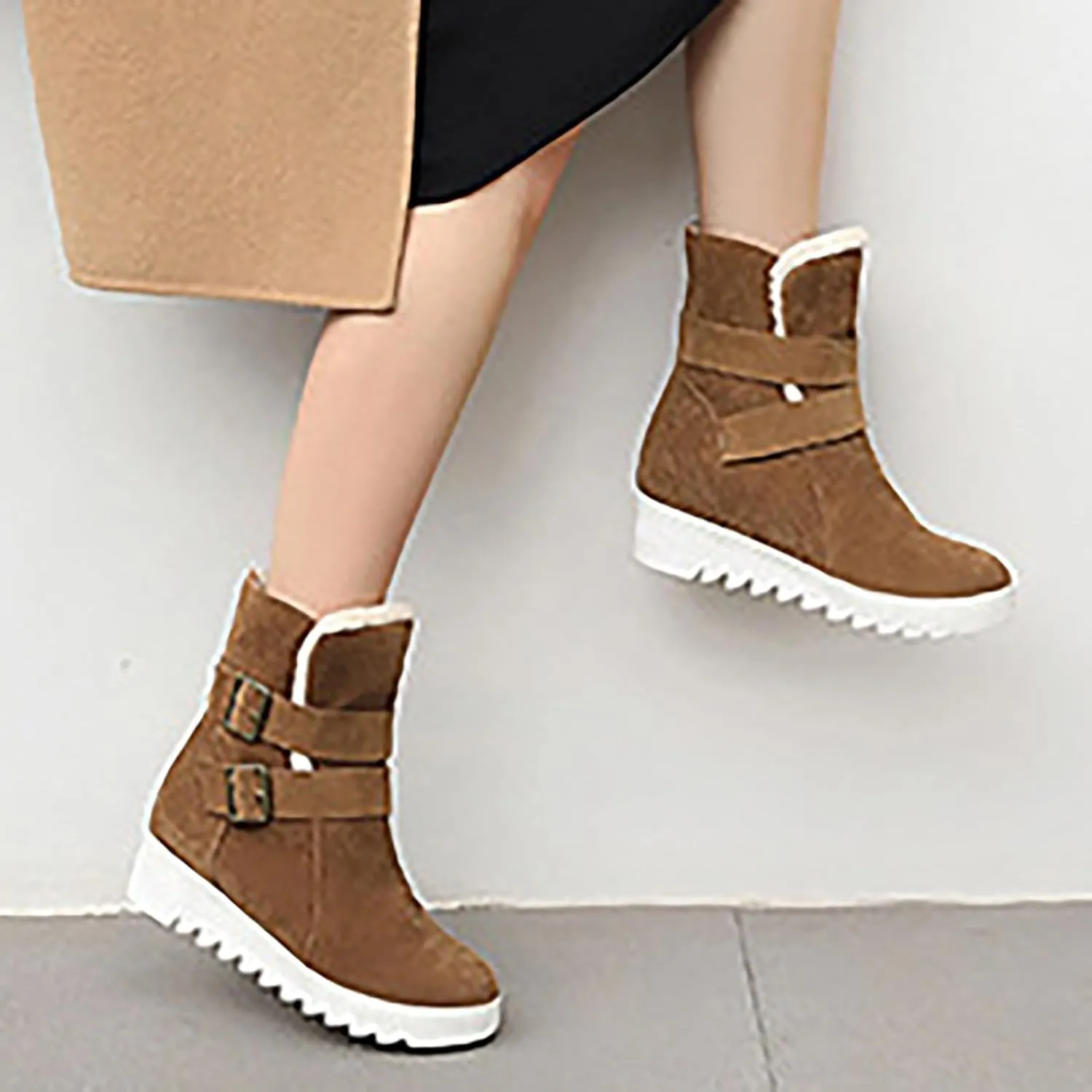 Crzidha Snow Boots for Women,Warm Fleece Plush Lining Buckle Strap Ankle Boots Non-Slip Rubber Lug Sole Winter Snow Walking Flat Shoes Classic Vintage Round Toe Suede High Top Snow Boots