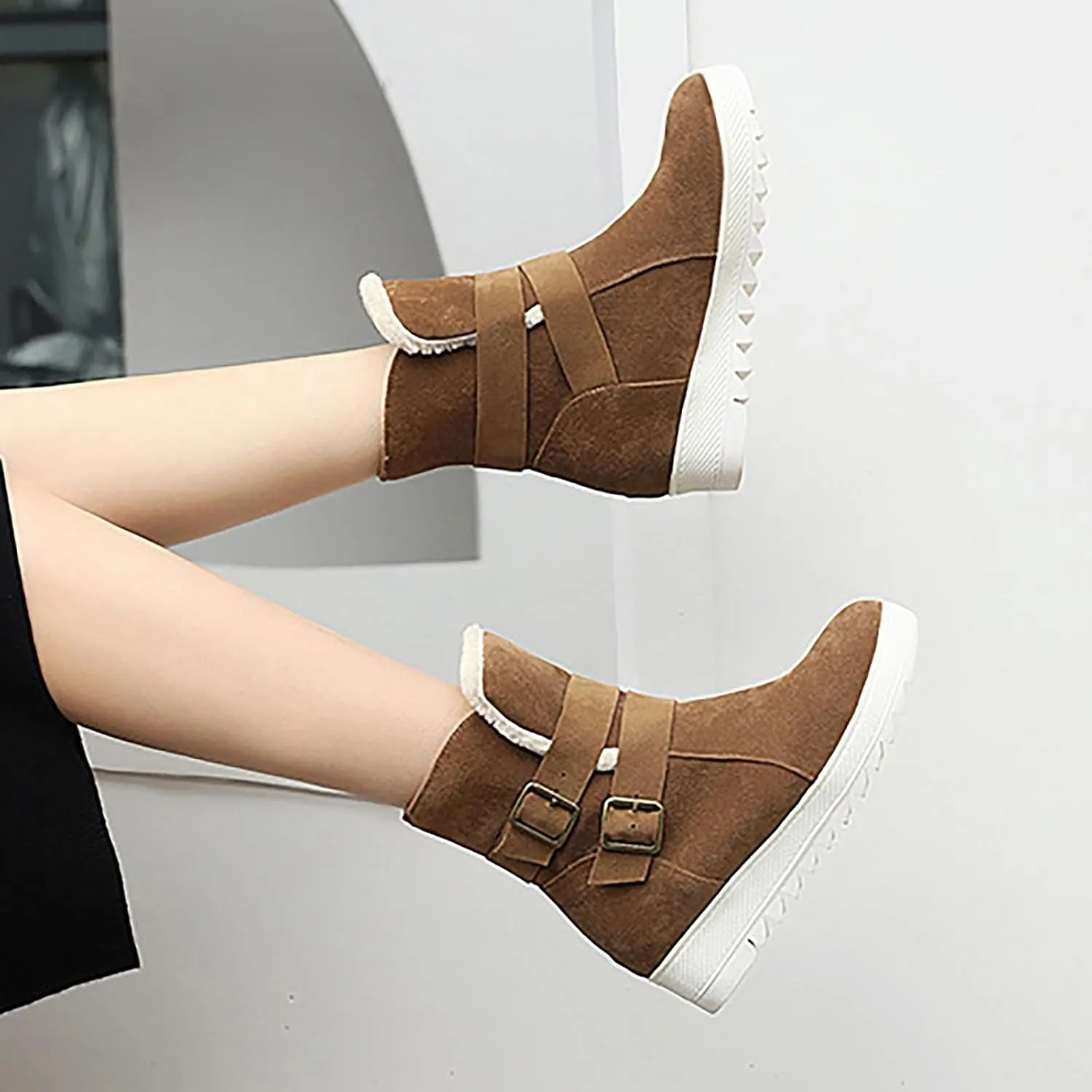 Crzidha Snow Boots for Women,Warm Fleece Plush Lining Buckle Strap Ankle Boots Non-Slip Rubber Lug Sole Winter Snow Walking Flat Shoes Classic Vintage Round Toe Suede High Top Snow Boots