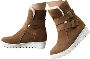 Crzidha Snow Boots for Women,Warm Fleece Plush Lining Buckle Strap Ankle Boots Non-Slip Rubber Lug Sole Winter Snow Walking Flat Shoes Classic Vintage Round Toe Suede High Top Snow Boots