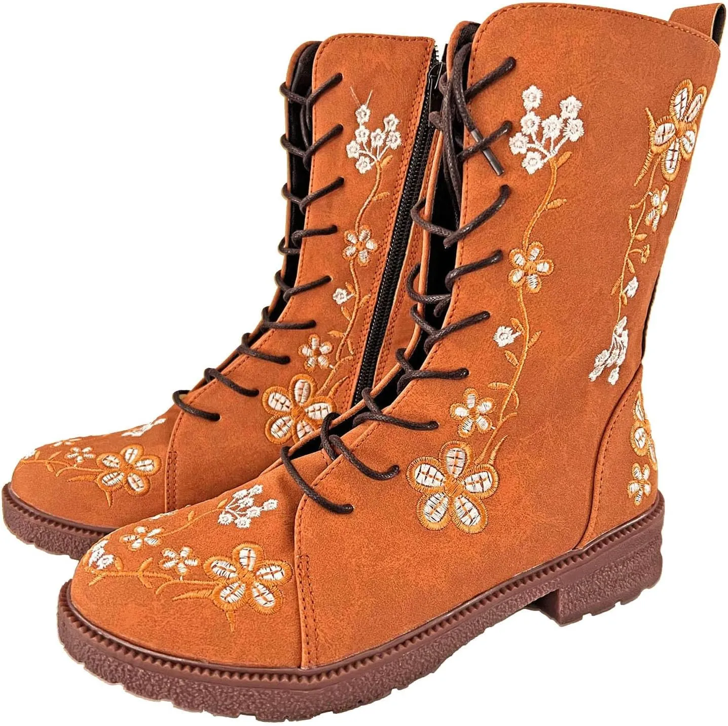 Crzidha Vintage Combat Boots for Women,Classic Side Zipper Lace Up Low Heel Riding Ankle Boots Chic Stylish Floral Embroidered Suede Boots Casual Winter Fall Walking Travel Flat Shoes