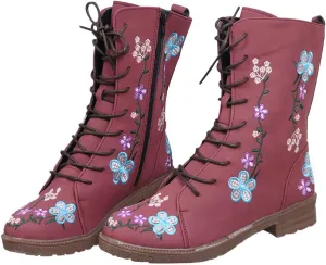 Crzidha Vintage Combat Boots for Women,Classic Side Zipper Lace Up Low Heel Riding Ankle Boots Chic Stylish Floral Embroidered Suede Boots Casual Winter Fall Walking Travel Flat Shoes