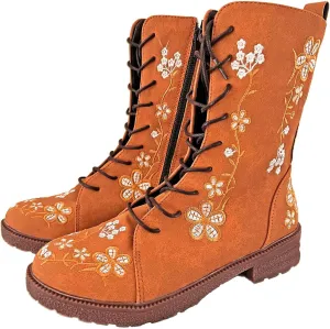 Crzidha Vintage Combat Boots for Women,Classic Side Zipper Lace Up Low Heel Riding Ankle Boots Chic Stylish Floral Embroidered Suede Boots Casual Winter Fall Walking Travel Flat Shoes
