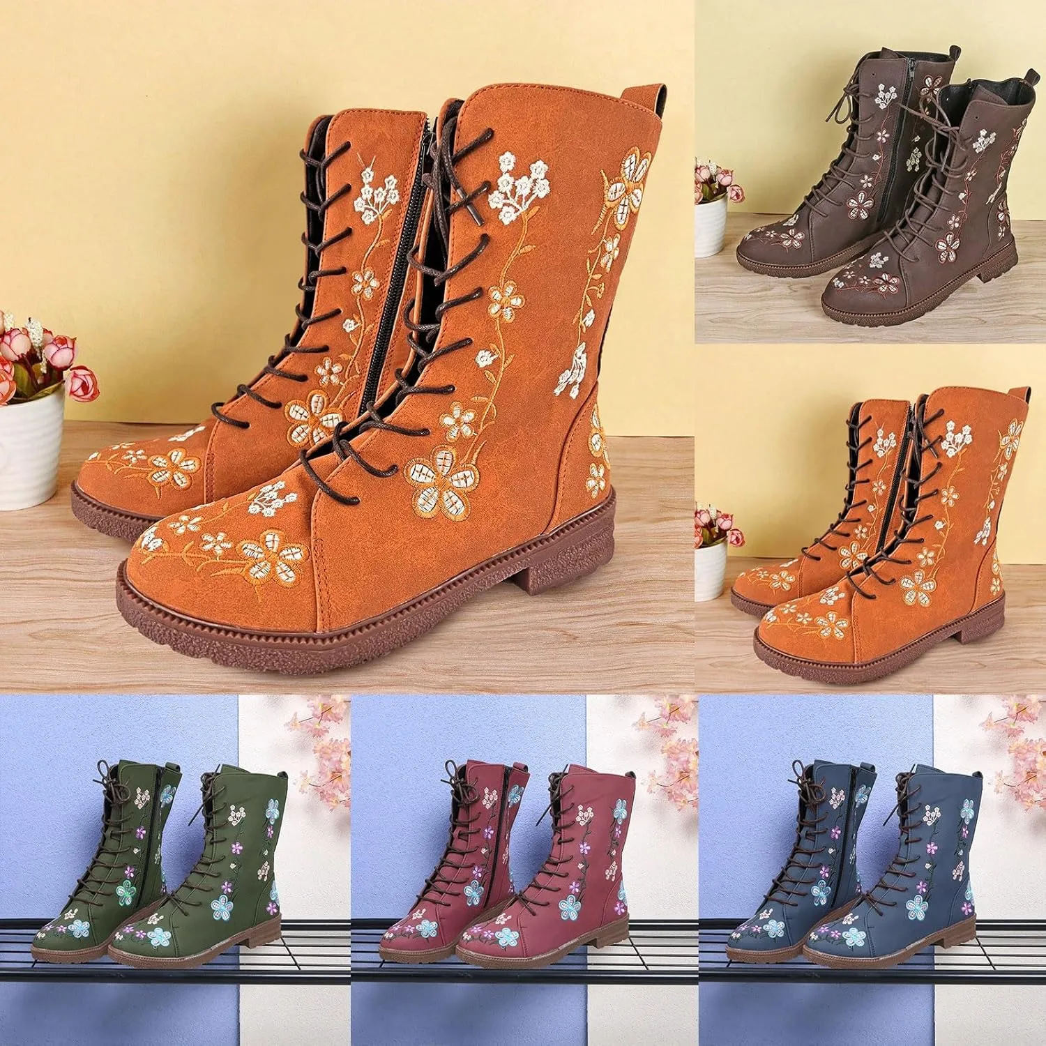 Crzidha Vintage Combat Boots for Women,Classic Side Zipper Lace Up Low Heel Riding Ankle Boots Chic Stylish Floral Embroidered Suede Boots Casual Winter Fall Walking Travel Flat Shoes