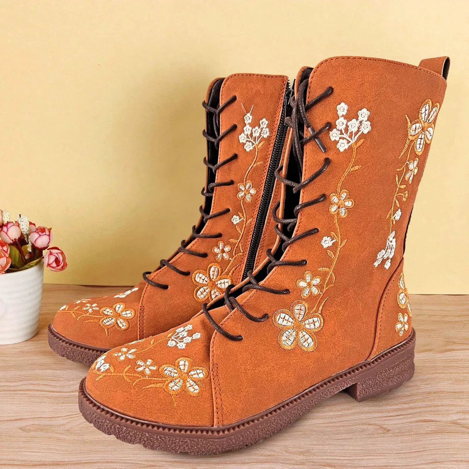 Crzidha Vintage Combat Boots for Women,Classic Side Zipper Lace Up Low Heel Riding Ankle Boots Chic Stylish Floral Embroidered Suede Boots Casual Winter Fall Walking Travel Flat Shoes
