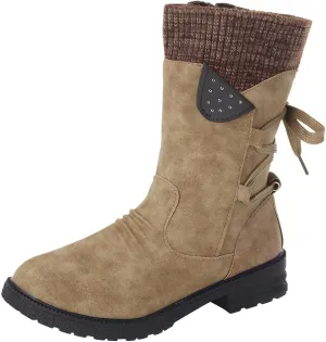 Crzidha Vintage Suede Riding Boots for Women Patchwork Knit Mid Calf Boots Winter Warm Low Heel Comfy Walking Boots Classic Western Country Cowgirl Cowboy Boots for Women