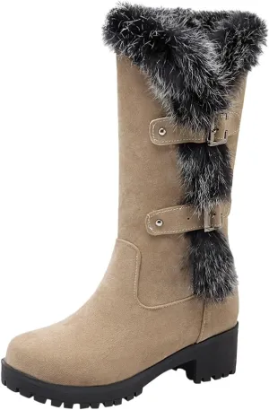 Crzidha Winter Snow Boots for Women Metal Buckle Chunky Low Heel Fashion Winterry Mid-Calf High Boot Warm Faux Winter Lined Pull On Short Boot Round Toe Casual Faux Suede Comfortable Walking Outdoor Shoes