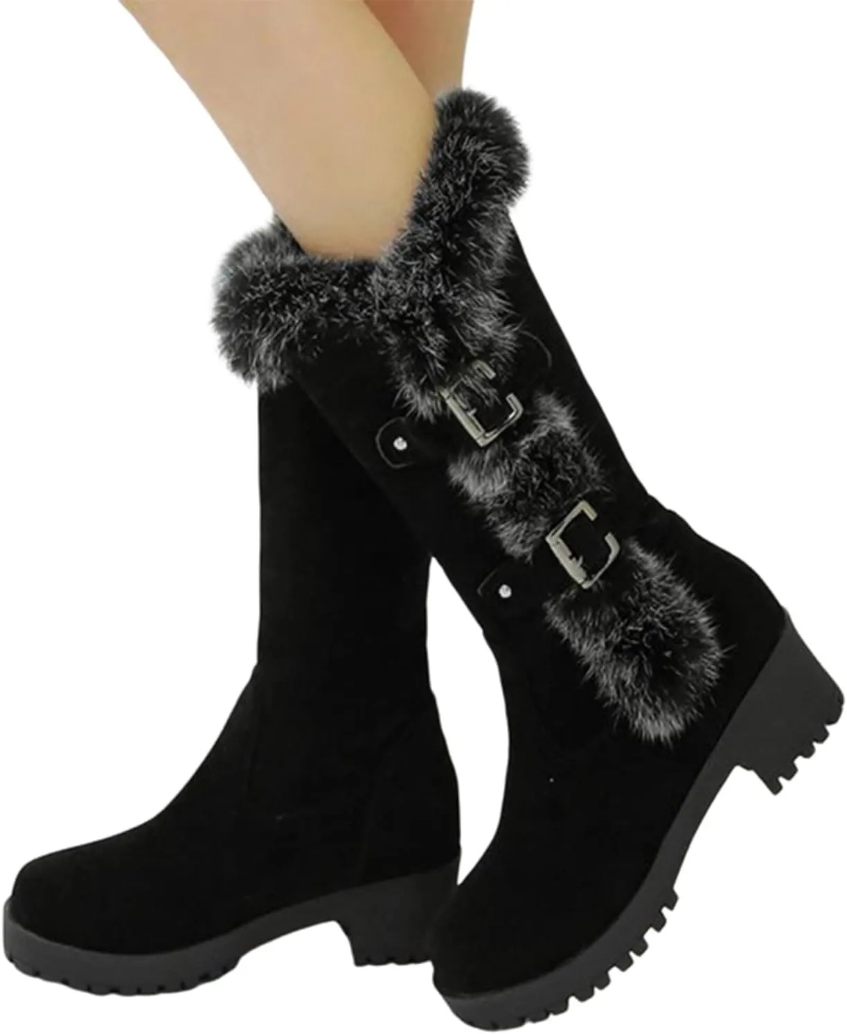 Crzidha Winter Snow Boots for Women Metal Buckle Chunky Low Heel Fashion Winterry Mid-Calf High Boot Warm Faux Winter Lined Pull On Short Boot Round Toe Casual Faux Suede Comfortable Walking Outdoor Shoes