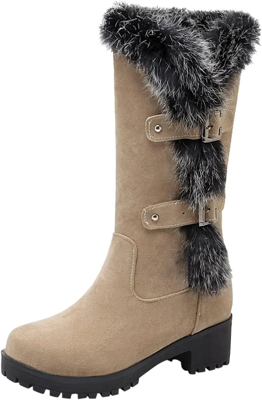 Crzidha Winter Snow Boots for Women Metal Buckle Chunky Low Heel Fashion Winterry Mid-Calf High Boot Warm Faux Winter Lined Pull On Short Boot Round Toe Casual Faux Suede Comfortable Walking Outdoor Shoes