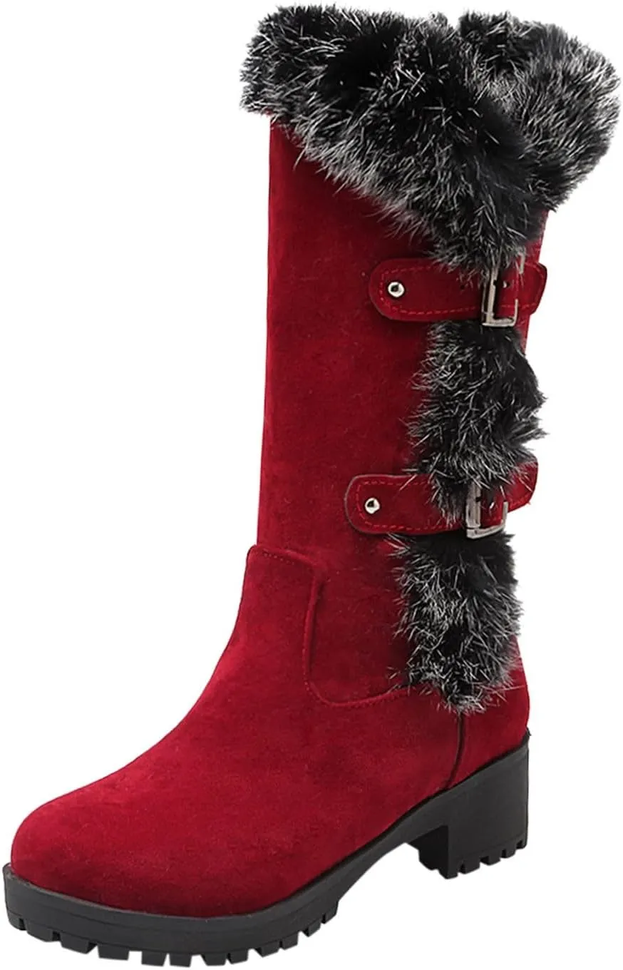 Crzidha Winter Snow Boots for Women Metal Buckle Chunky Low Heel Fashion Winterry Mid-Calf High Boot Warm Faux Winter Lined Pull On Short Boot Round Toe Casual Faux Suede Comfortable Walking Outdoor Shoes
