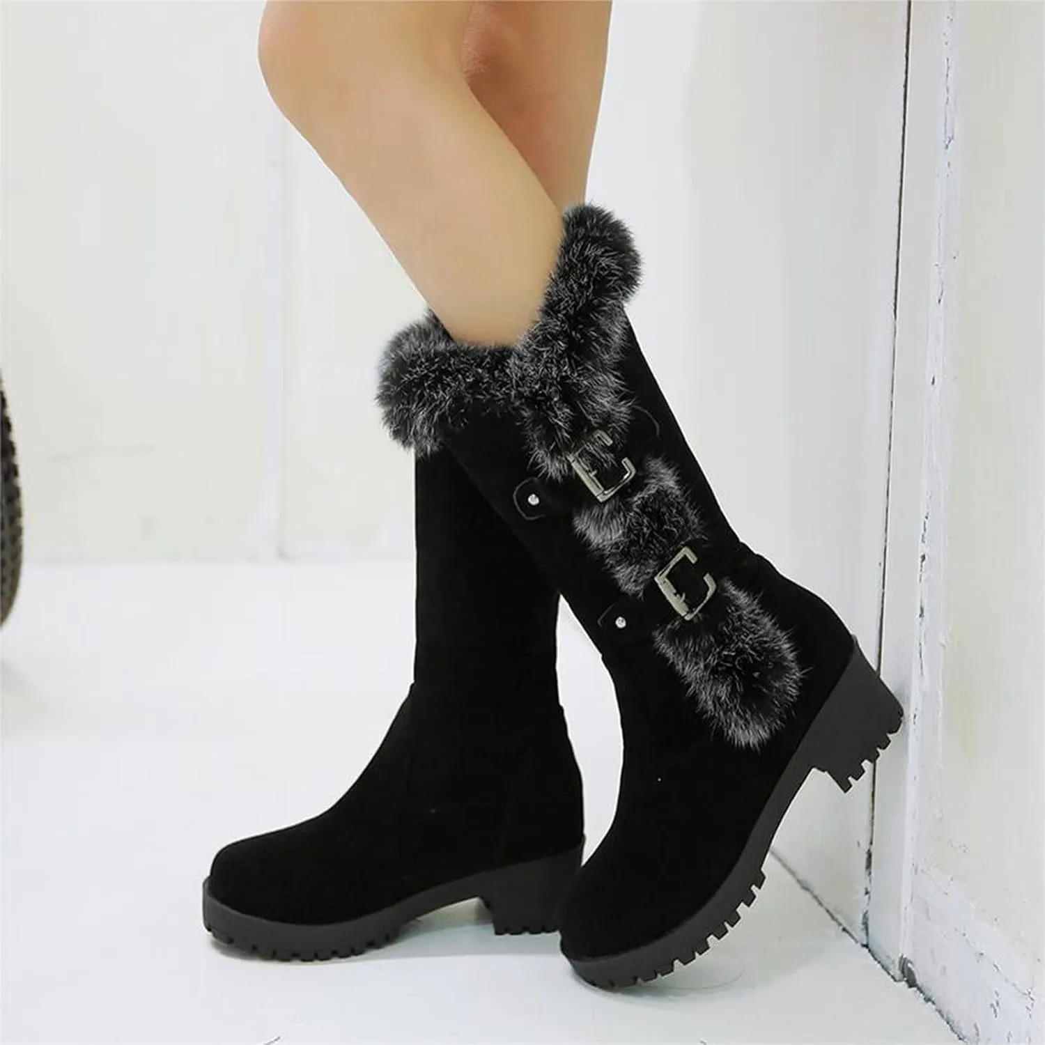 Crzidha Winter Snow Boots for Women Metal Buckle Chunky Low Heel Fashion Winterry Mid-Calf High Boot Warm Faux Winter Lined Pull On Short Boot Round Toe Casual Faux Suede Comfortable Walking Outdoor Shoes