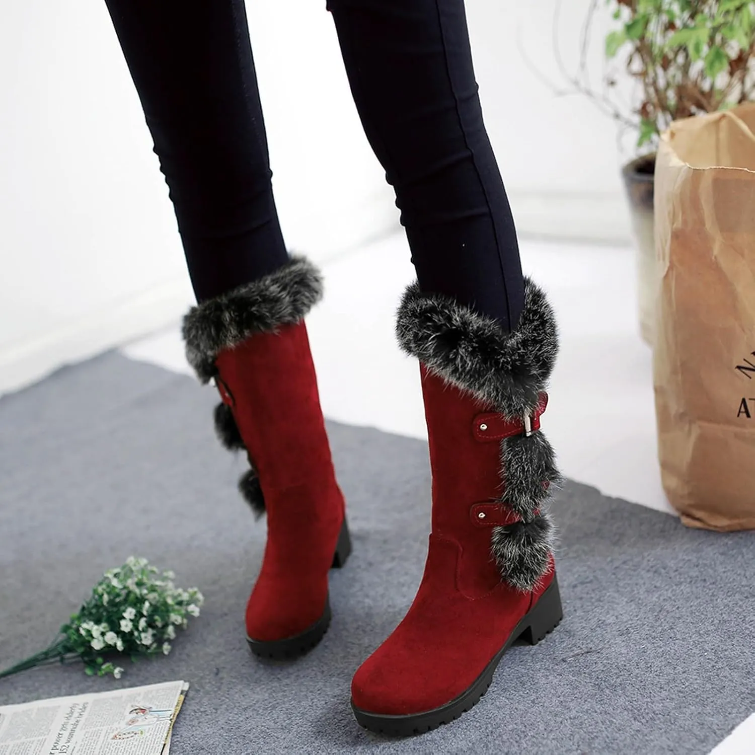 Crzidha Winter Snow Boots for Women Metal Buckle Chunky Low Heel Fashion Winterry Mid-Calf High Boot Warm Faux Winter Lined Pull On Short Boot Round Toe Casual Faux Suede Comfortable Walking Outdoor Shoes