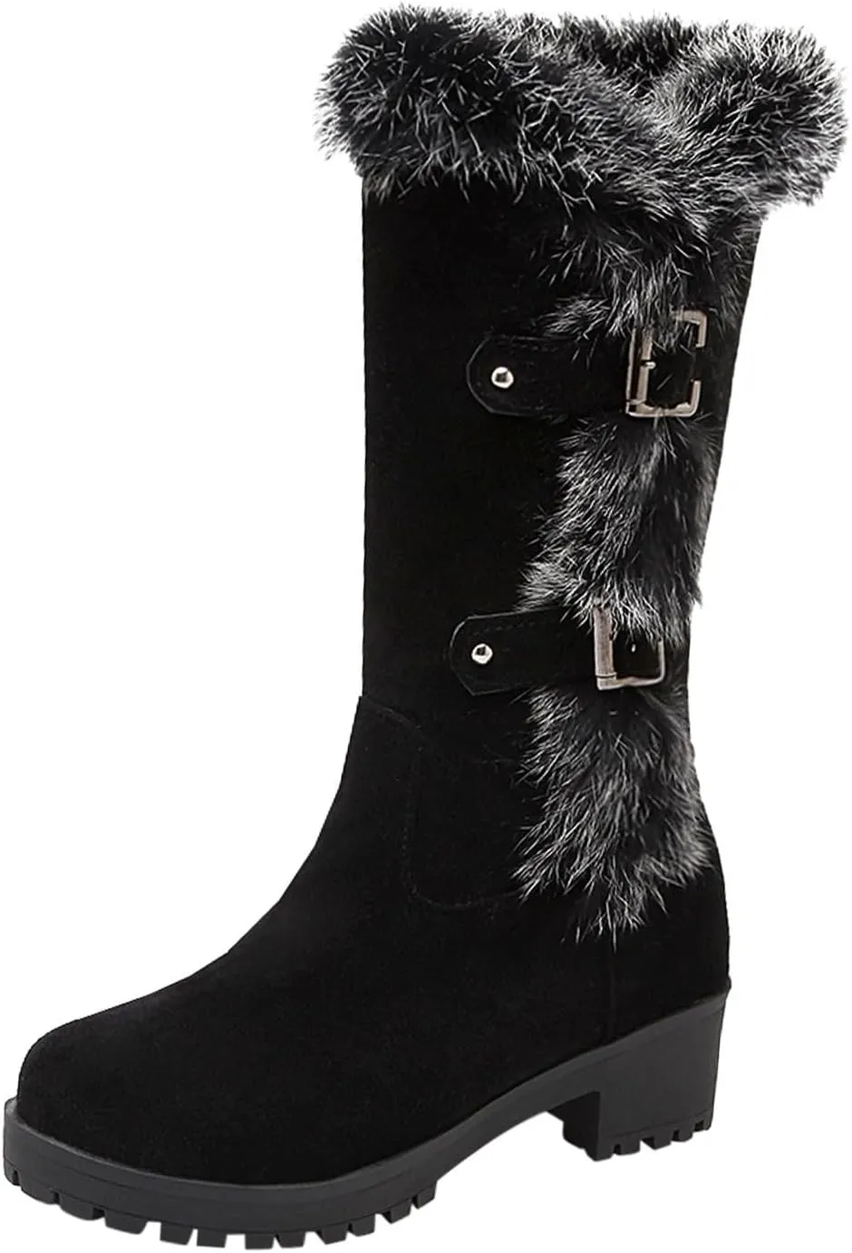 Crzidha Winter Snow Boots for Women Metal Buckle Chunky Low Heel Fashion Winterry Mid-Calf High Boot Warm Faux Winter Lined Pull On Short Boot Round Toe Casual Faux Suede Comfortable Walking Outdoor Shoes